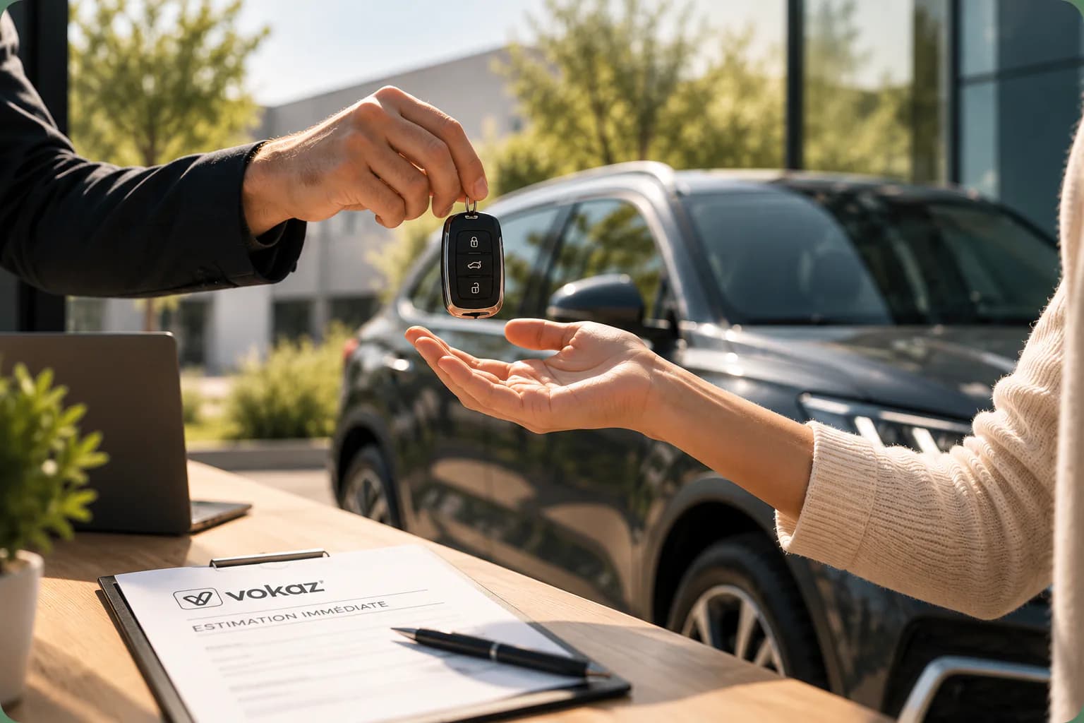 Un professionnel tend les clés d'un SUV à une vendeuse devant une agence, à côté d'un dossier d'estimation immédiate Vokaz.