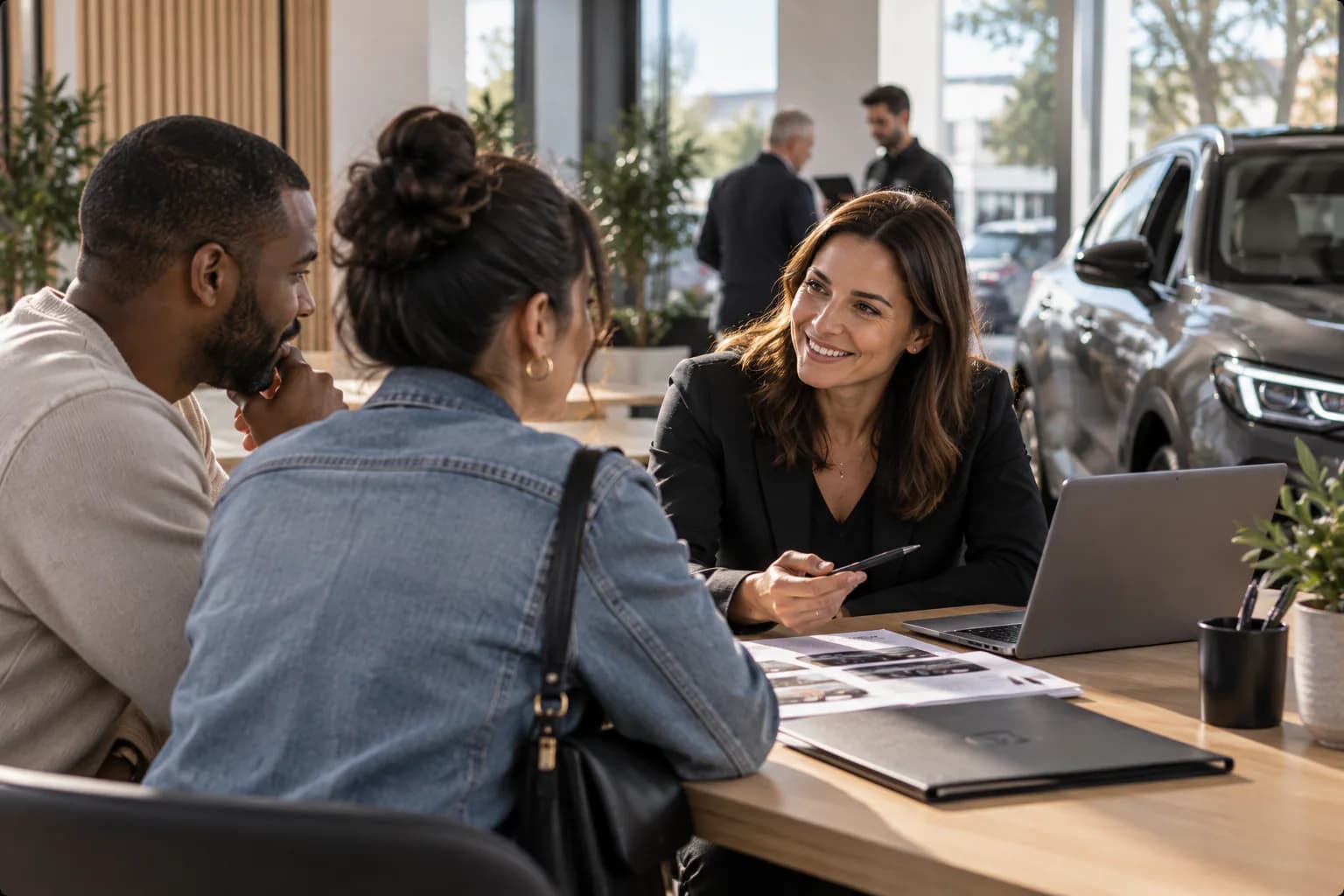 Un couple de vendeurs reçu par une conseillère dans un showroom, autour d'un dossier de vente et d'un ordinateur portable.