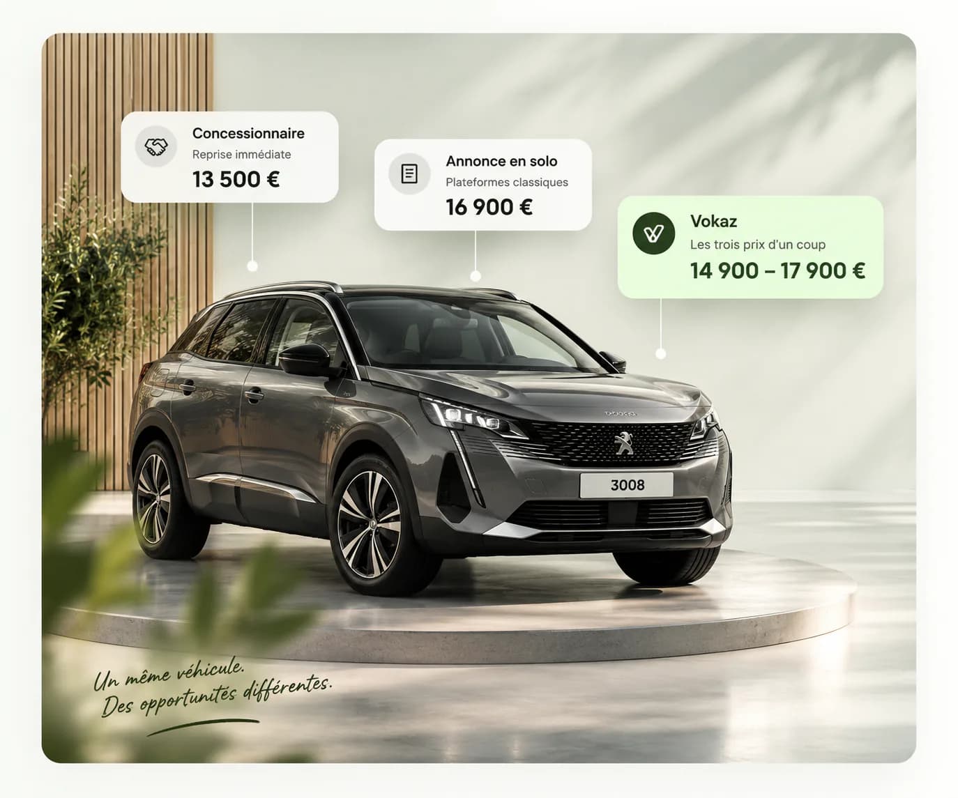 Le même Peugeot 3008 en studio, avec les trois prix comparés : concessionnaire 13 500 €, annonce en solo 16 900 €, Vokaz de 14 900 à 17 900 €.