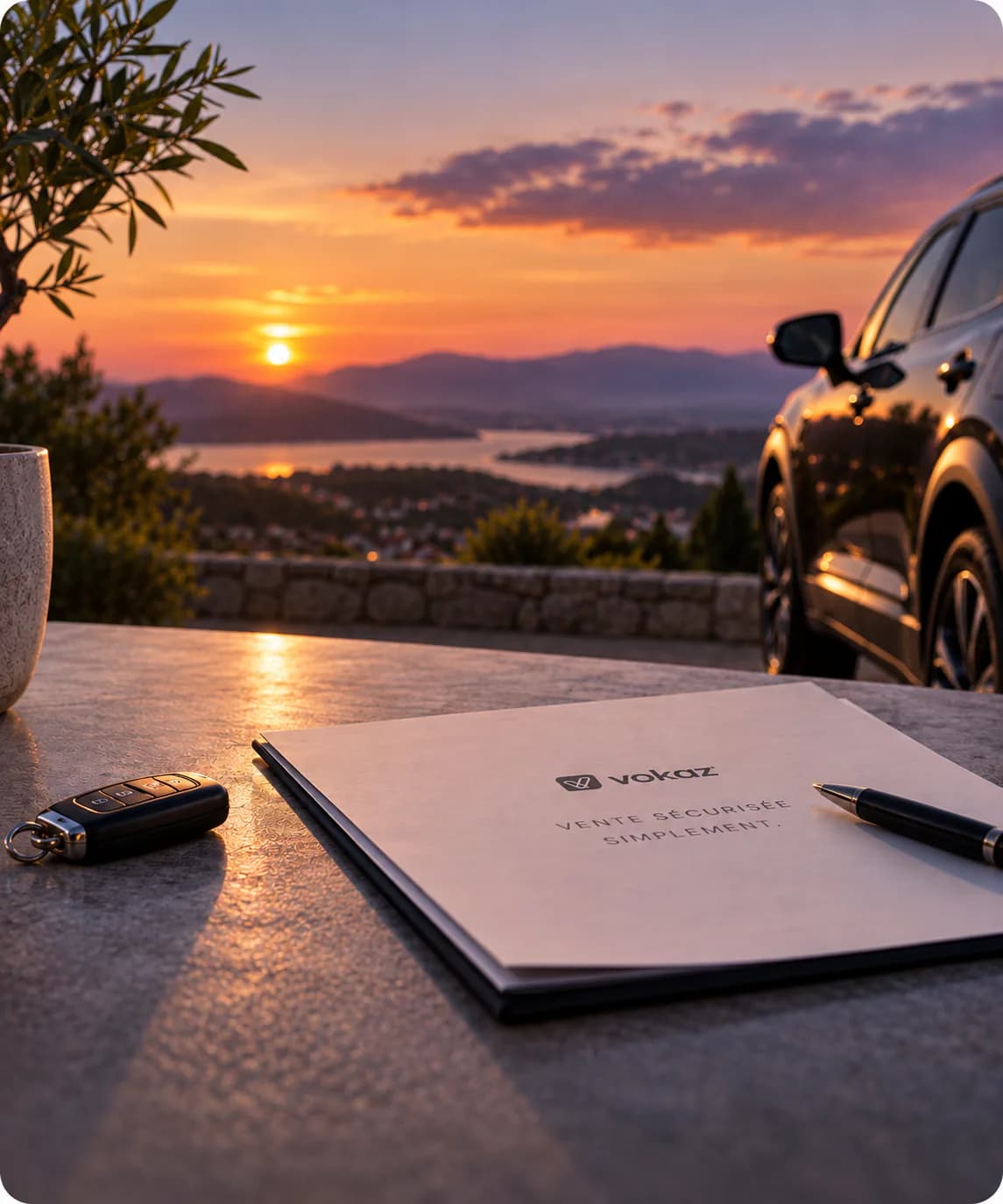 Un dossier Vokaz « vente sécurisée, simplement » et une clé posés sur une table, face à un coucher de soleil sur la baie, le véhicule garé à côté.