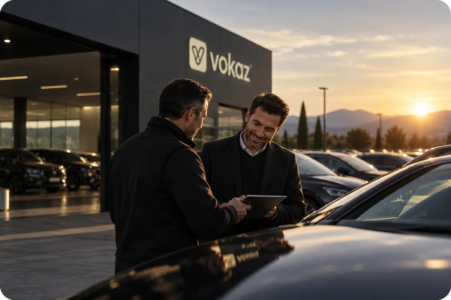 Deux professionnels regardent une tablette devant une agence Vokaz, au milieu d'un parc de véhicules, au coucher du soleil.